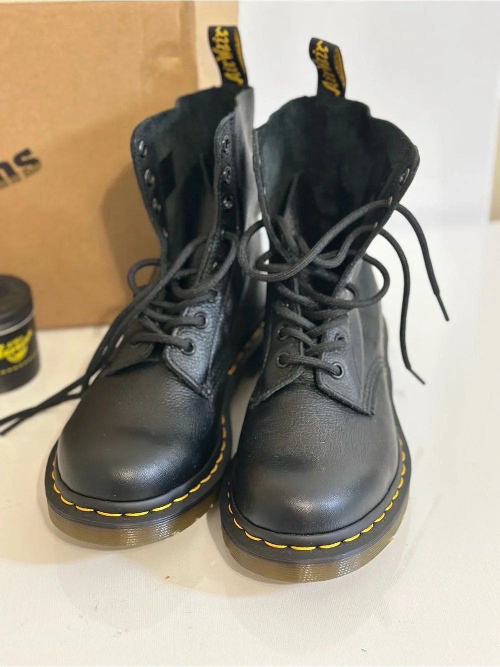 Dr. Martens Black Leather 8-Eye Boots with Yellow Stitching